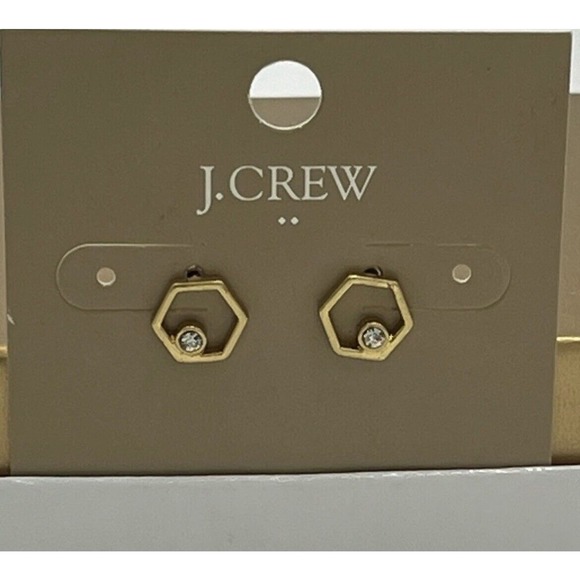 J. Crew Minimal Gold Tone Crystal Hexagon Plain Stud Earrings - Picture 1 of 5